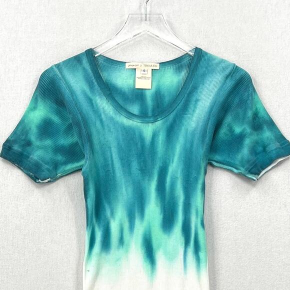 FREE PEOPLE X TRICIA FIX Reworked T-shirt Small Turquoise White Short Sleeve Rib - Picture 4 of 14